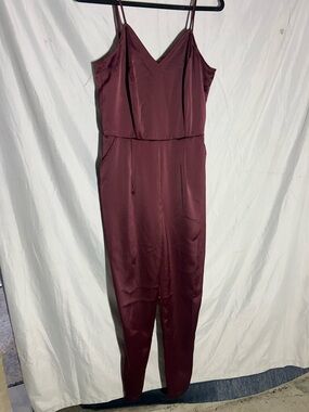Lulu's Burgundy V-Neck Satin Jumpsuit